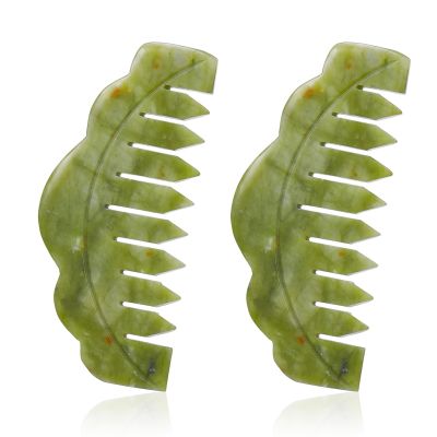 Geiserailie 2 Pcs Jade Combs Esthetician Supplies Massage Stone Hair Gua Sha Scraping Scalp Comb Facial Massage Tool Handheld Head Tools Head Caring Therapy Valentines for Women(Plain Style)