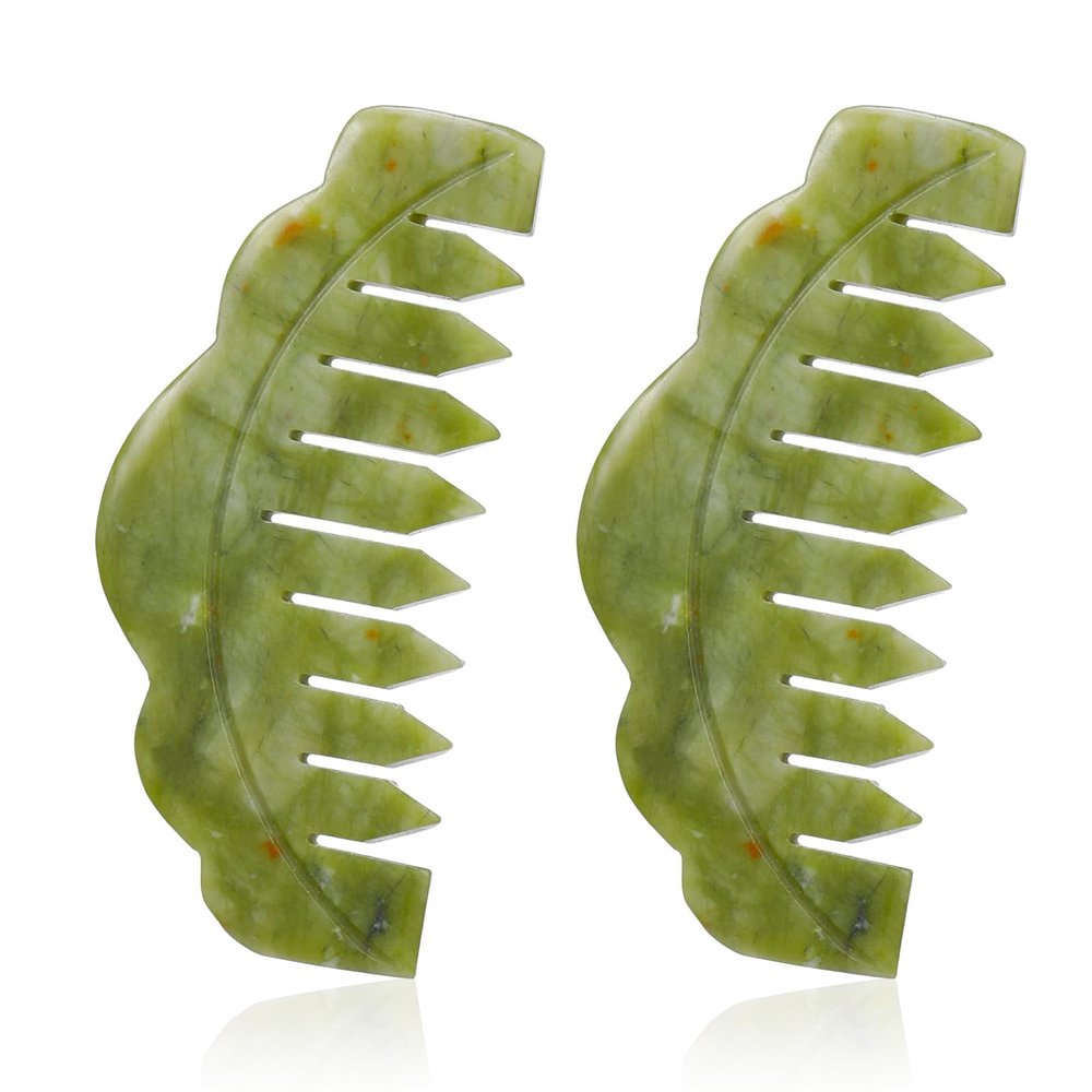 Geiserailie 2 Pcs Jade Combs Esthetician Supplies Massage Stone Hair Gua Sha Scraping Scalp Comb Facial Massage Tool Handheld Head Tools Head Caring Therapy Valentines for Women(Plain Style)