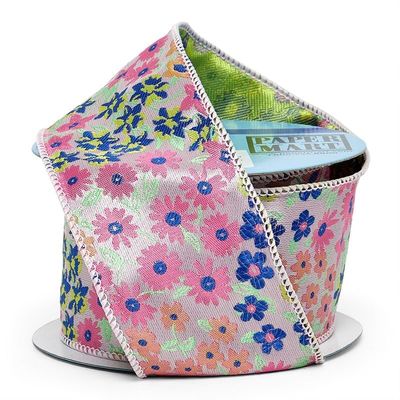 2 1/2" X 10 Yards Daisy Floral Lt.Pink Fabric Wired Ribbon