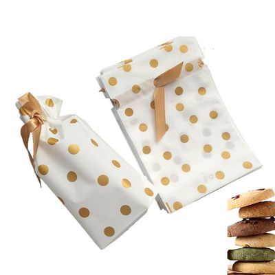Ebonee Candy Treat Bags with Drawstring, Plastic Drawstring Cookies Bag 6X9 Inch Gold Dot Goodies Food Storage Bag for Christmas Wedding Gift Engagement Birthday Party Favor (24 Pack)