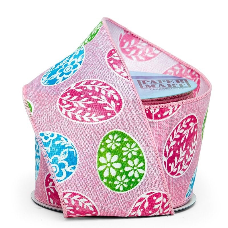 2 1/2" X 10 Yards Pink Sparkling Easter Eggs Wired Ribbon