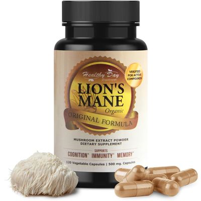 Healthy Day Supplements Lions Mane Mushroom Cognition Capsules - 120 Count | Organic, Gluten Free, Alpha Brain Supplement for Adults | Brain Vitamins & Focus Nootropic | Made in USA
