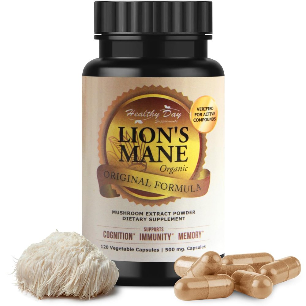 Healthy Day Supplements Lions Mane Mushroom Cognition Capsules - 120 Count | Organic, Gluten Free, Alpha Brain Supplement for Adults | Brain Vitamins & Focus Nootropic | Made in USA