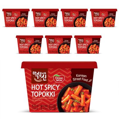 [Dongwon] Intense Fiery Hot Spicy Korean Rice Cake Topokki | Popular Korean Street Food | Easy to Prepare | Bold and Flavorful Chewy Snack for Spice Enthusiasts (8 Bowls)