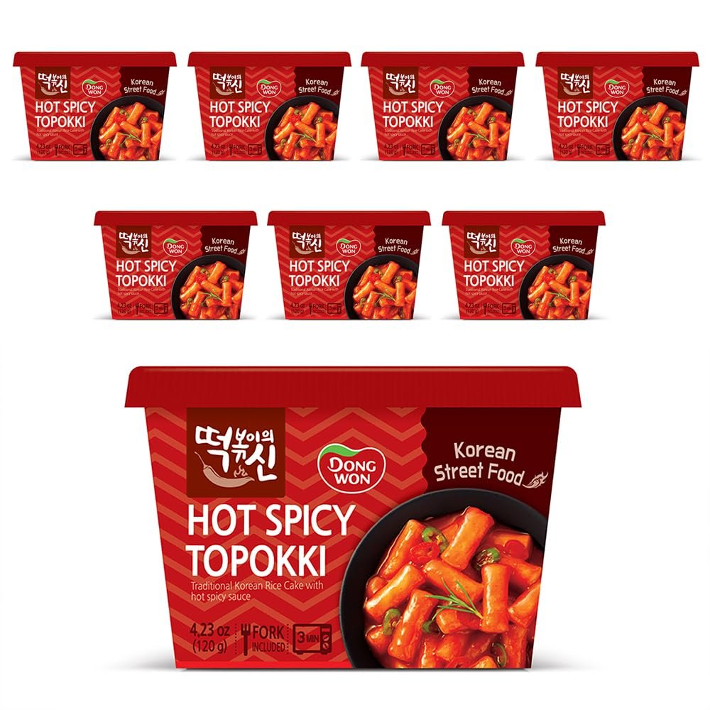 [Dongwon] Intense Fiery Hot Spicy Korean Rice Cake Topokki | Popular Korean Street Food | Easy to Prepare | Bold and Flavorful Chewy Snack for Spice Enthusiasts (8 Bowls)