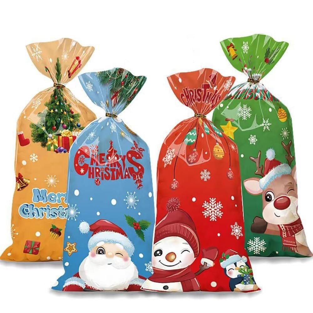 ANXTO 100 Pcs Christmas Cellophane Bags Christmas Candy Cookie Treat Bags Santa Claus Father Christmas with Twist Ties for Xmas Holiday Party Favors Supplies (100pcs /4 styles assorted packing)