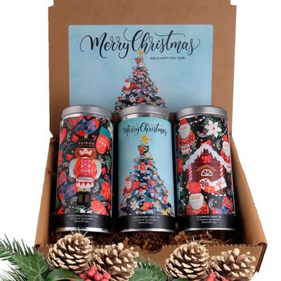 Merry Christmas Tea Gift Set by La Tea Dah, Gourmet Holiday Tea Assortment, 3 Full Sized Tins, Frosted Vanilla Chai Tea, Berry Green Tea, Herbal Gingerbread Tea (36 sachets)