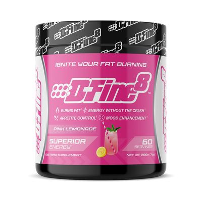 D-Fine8 Thermogenic Pre-Workout Energy Powder & Shredding Supplement, Boost Energy Mood & Focus, Sugar Free, Contains Senactiv, Endurance, 300mg Caffeine, N-Acetyl-L-Tyrosine (Pink Lemonade)