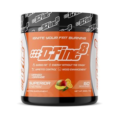 D-Fine8 Thermogenic Pre-Workout Energy Powder & Shredding Supplement, Boost Energy Mood & Focus, Sugar Free, Contains Senactiv, Endurance, 300mg Caffeine, N-Acetyl-L-Tyrosine (Mango Orange)