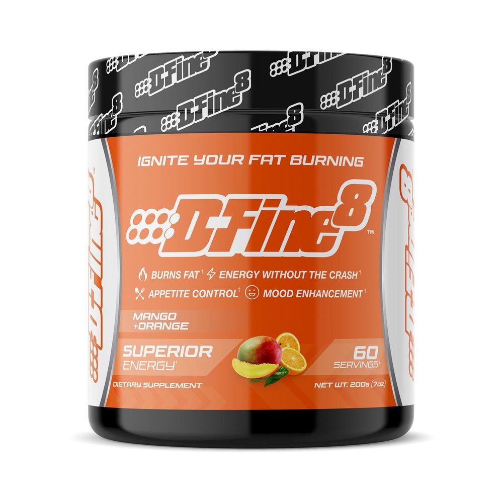 D-Fine8 Thermogenic Pre-Workout Energy Powder & Shredding Supplement, Boost Energy Mood & Focus, Sugar Free, Contains Senactiv, Endurance, 300mg Caffeine, N-Acetyl-L-Tyrosine (Mango Orange)