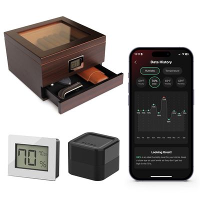 CASE ELEGANCE Renzo Glass Top Humidor with Thick Cedar, Includes Klaro Valet Digital Hygrometer+ WiFi Bridge for Remote Monitoring Humidity & Temperature, iOS & Android App - Walnut Finish