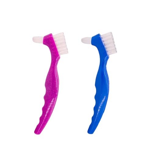 AmeriCan Goods 2/Pcs Denture Care Brushes Glitter Blue & Purple Hard Duble Sided Cleaning Denture Toothbrushes