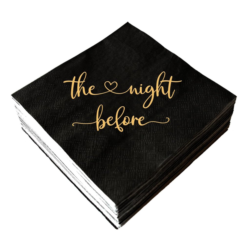 The Night Before Cocktail Napkins, 50 Pack Black and Gold Disposable Paper Napkins for Rehearsal Dinner Wedding Bridal Shower Engagement Bachelor Bachelorette Party, Beverage Table Decorations, 3 Ply