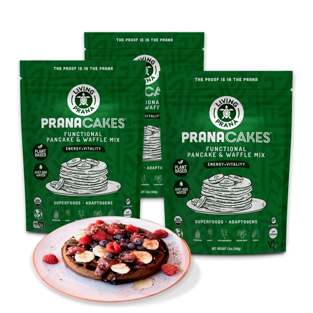 PranaCakes Superfood Organic Pancake & Waffle Mix Gluten Free | Energy, Vitality & Mood Balancing | Plant-based Protein | Just-Add-Water | By LIVING PRANA | 12oz (3-pack)