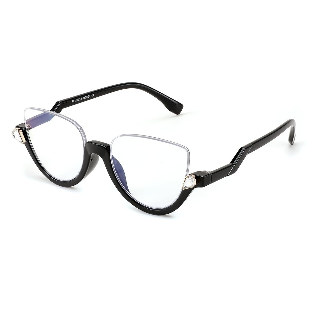 FEISEDY Reading Glasses for Women Fashion Half Frame Cat Eye Glasses Anti Glare Eyeglasses B0067 Black 2.0x