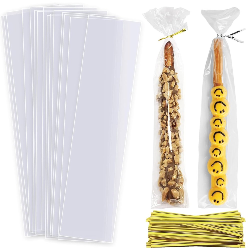 Clear Pretzel Rod Bags Candy Bags 200pcs 2X10" Cellophane Treat Party Favor Goodie Cake Pop Gift Apple Cello with Ties