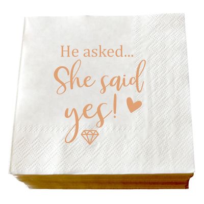 50 Pack "He AskedShe Said Yes" Paper Cocktail Napkins for Engagement Bridal Shower Bachelorette Party Wedding Disposable Party Napkins Rose Gold Foil and White Beverage Napkins 3 Ply