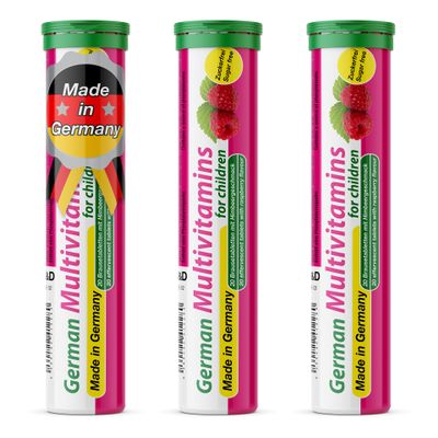 T&D German Multivitamin for Children 60 Drink Effervescent Tablets - Sweet Raspberry Flavour, Sugar Free, Vegan - Vitamin C, E, B1, B2, B6, B12, Folic Acid, Niacin Pharma Made in Germany