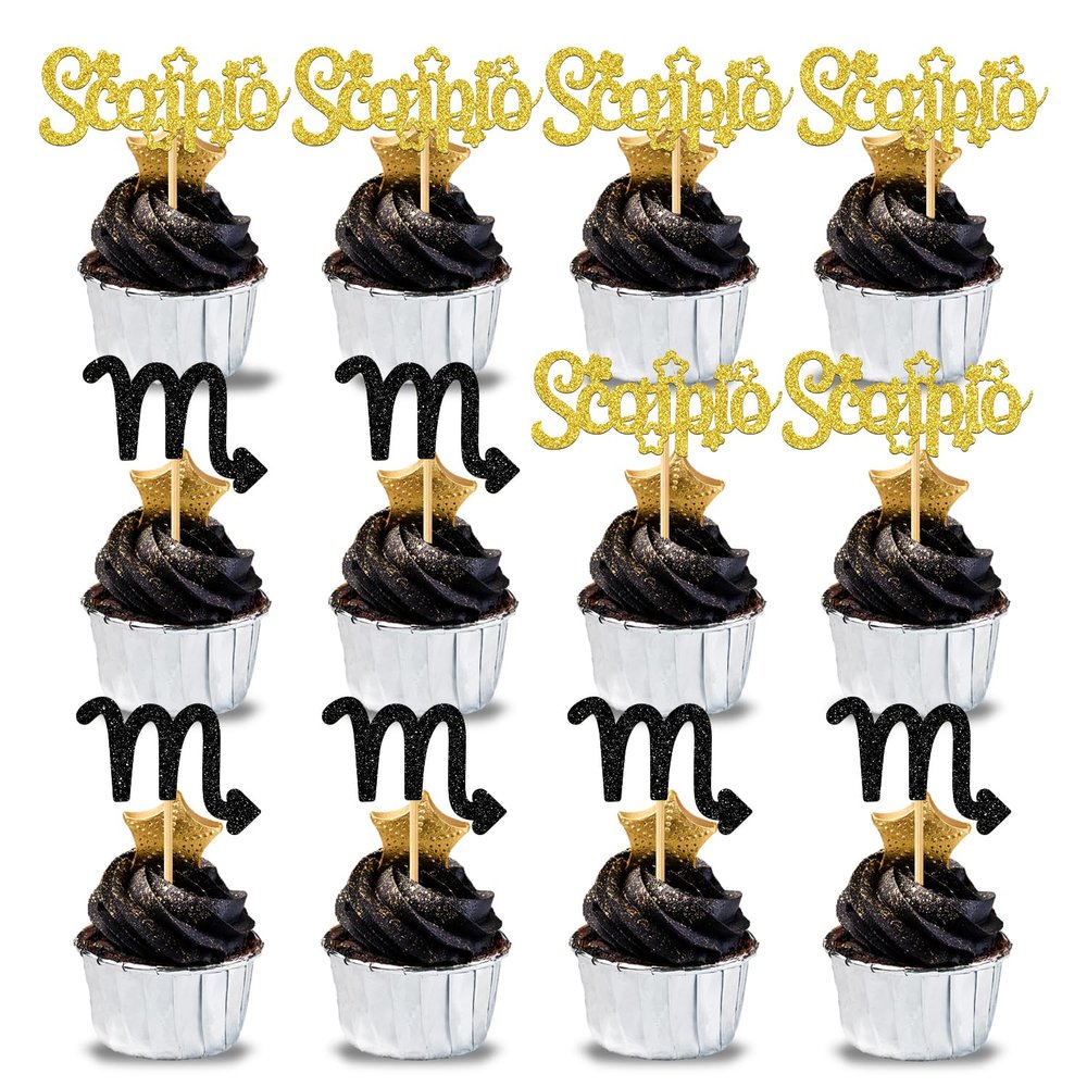 12Pcs Scorpio cake topper, Big Scorpio Energy/Scorpio Season Cake Decor, 12 constellation October December Birthday Cupcake Decoration, Horoscope Astrology Birthday Party Supplies, Gold Glitter