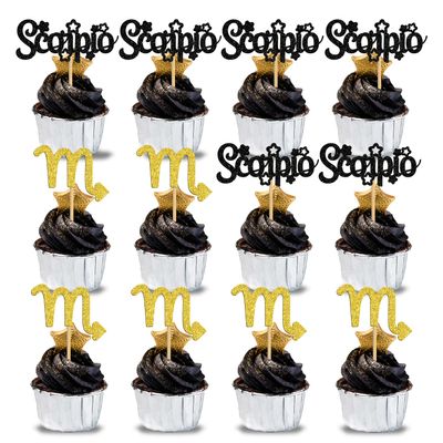12Pcs Scorpio cake topper, Big Scorpio Energy/Scorpio Season Cake Decor, 12 constellation October December Birthday Cupcake Decoration, Horoscope Astrology Birthday Party Supplies, Black Glitter