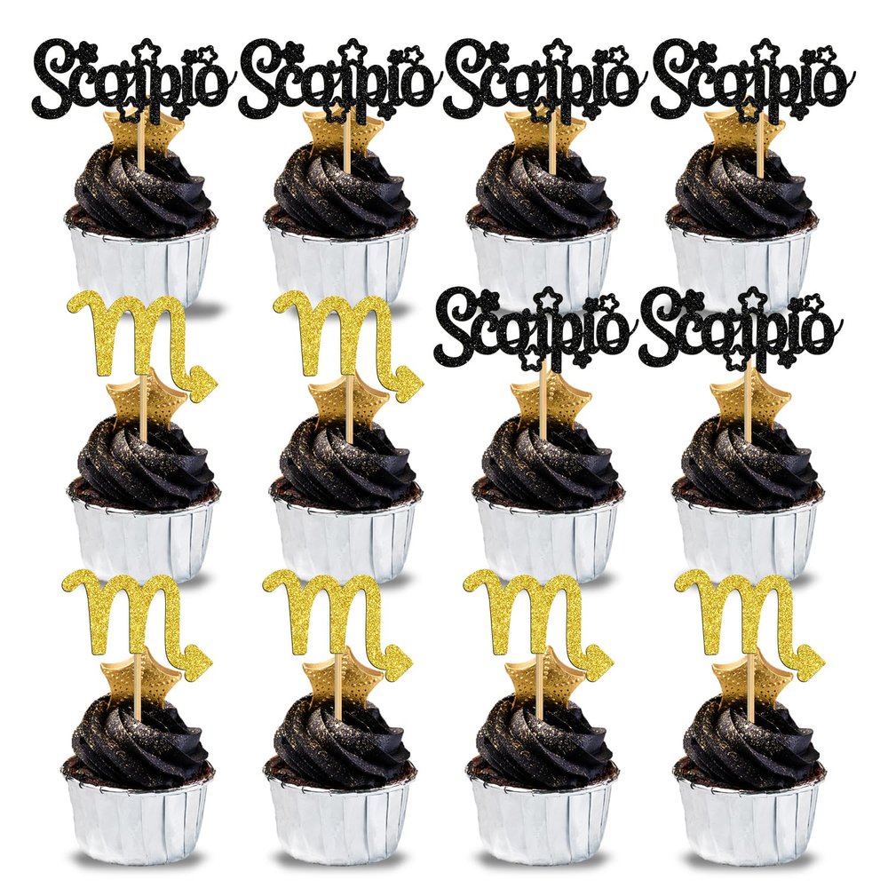 12Pcs Scorpio cake topper, Big Scorpio Energy/Scorpio Season Cake Decor, 12 constellation October December Birthday Cupcake Decoration, Horoscope Astrology Birthday Party Supplies, Black Glitter