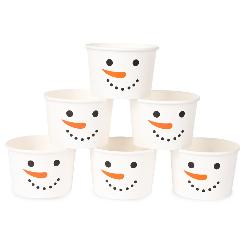 AimFun 50Pcs Christmas Snowman Treat Snack Cups 9 Oz.Disposable Dessert Bowls Smiling Snowman Face Paper Ice Cream Cups for Treats Cupcakes Winter Holiday Festive Party Favor Supplies Decor