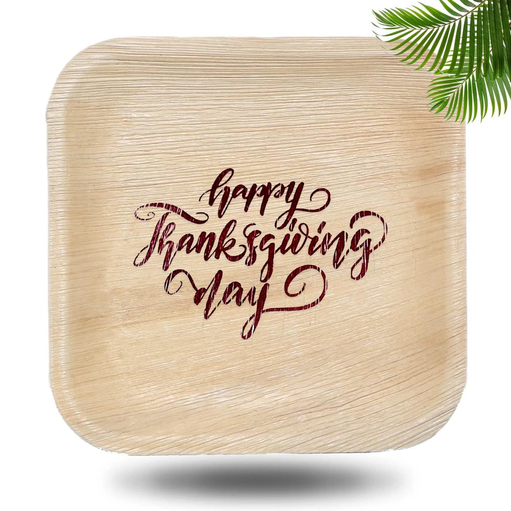 10" Palm Leaf Plates w/Happy Thanksgiving Print- Package of 25ct