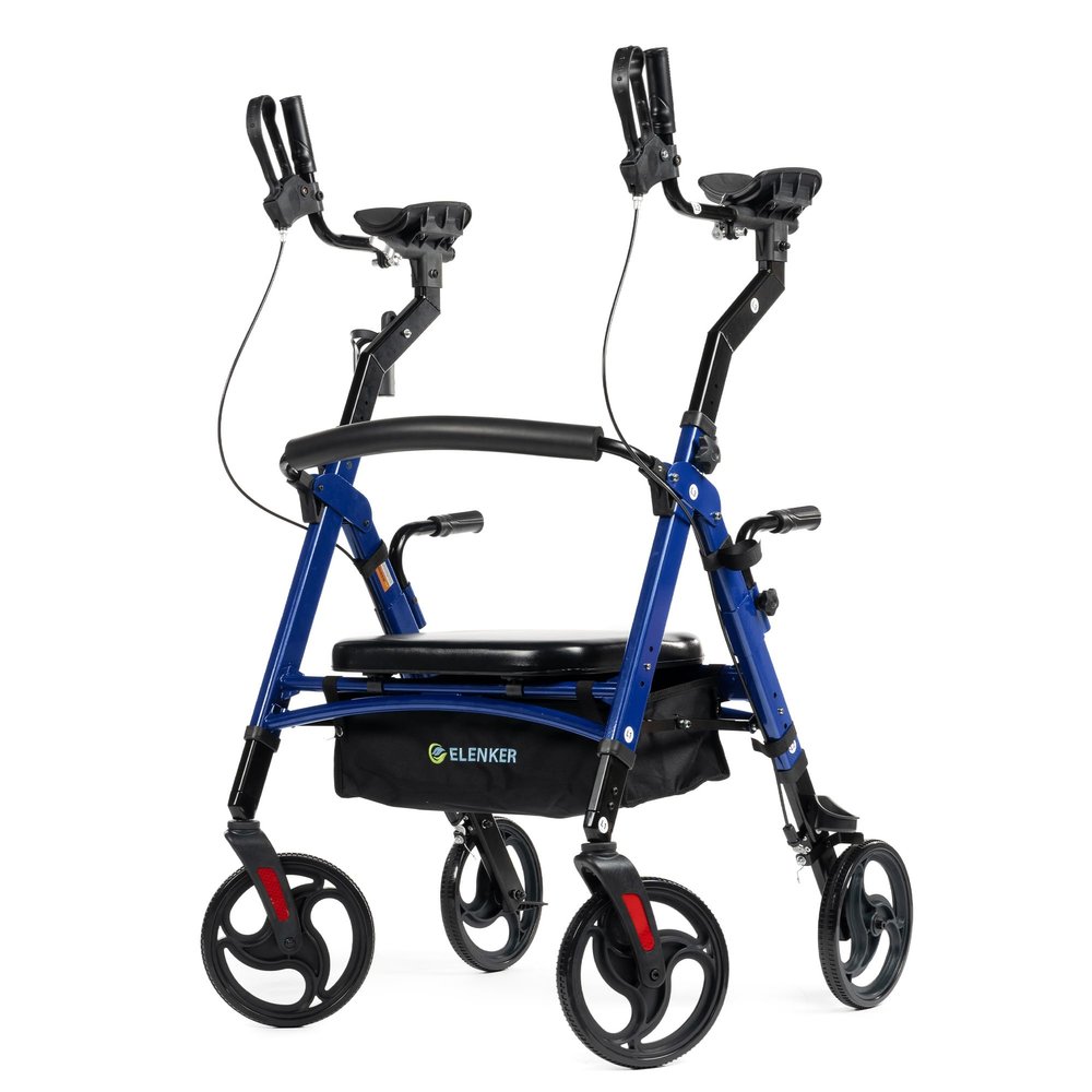 ELENKER Heavy Duty Upright Walker with Extra Wide Padded Seat and Backrest, Aluminum Bariatric Stand Up Rolling Walker, 10 Wheels, Fully Adjustment Frame, Support up to 500 lbs for Seniors, Blue