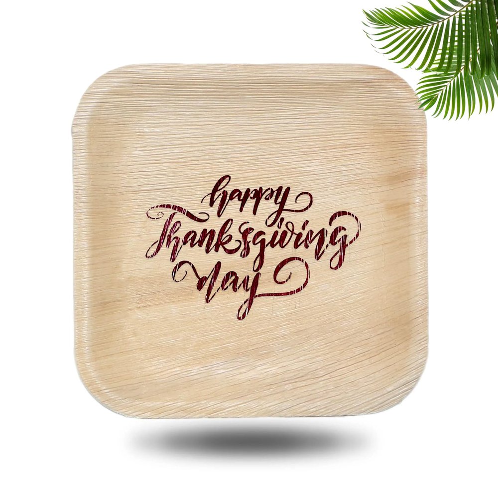 6" Palm Leaf Plates w/Happy Thanksgiving Print- Package of 25ct