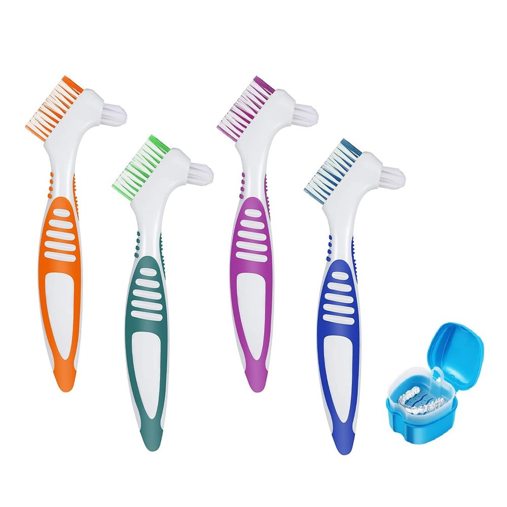 AmeriCan Goods 4 Pcs Denture Toothbrushes with Denture Retainer Bath with Lid, Double Sided Denture Brushes 4 Assorted Colors Denture Kit