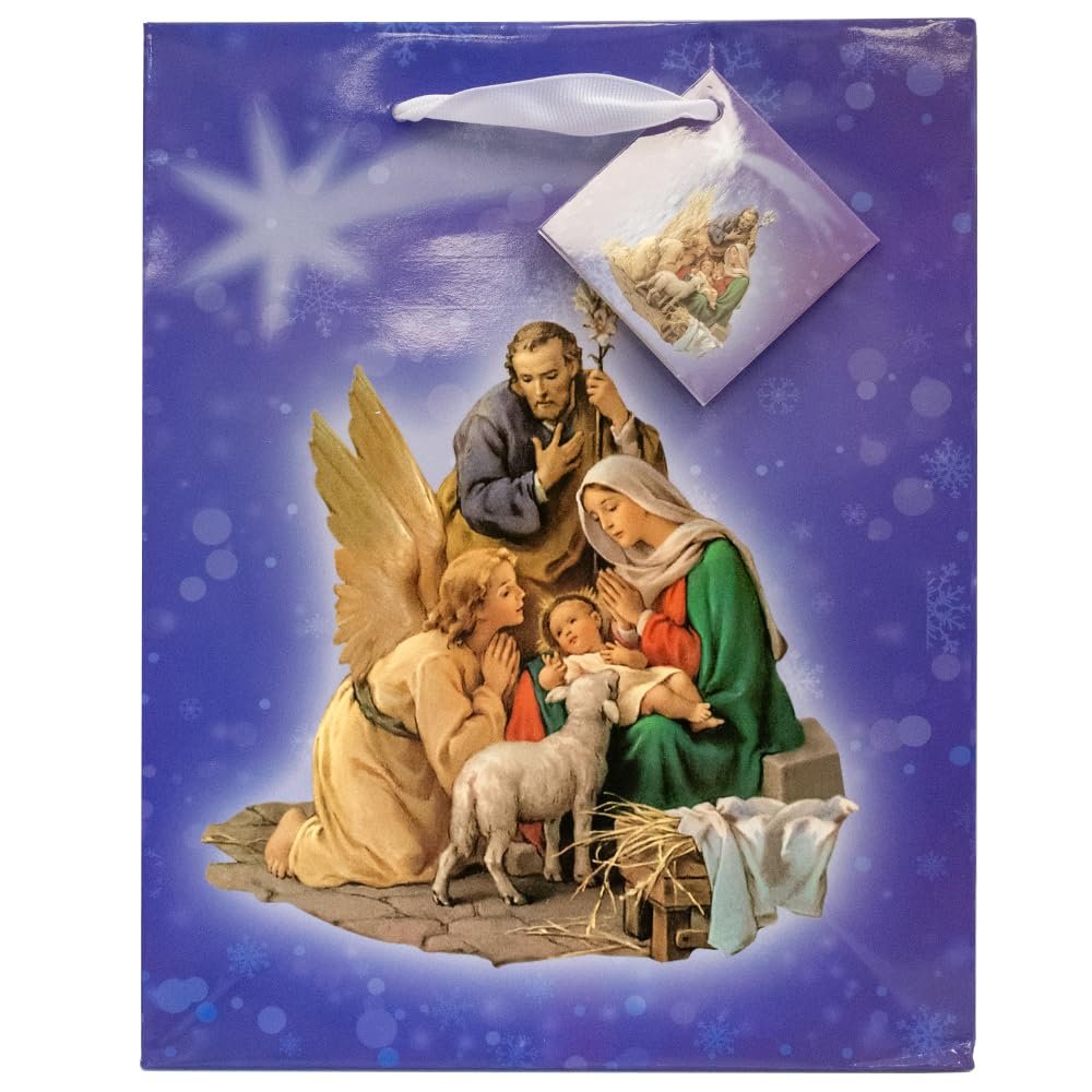 Gift Bag with Holy Family Nativity Design | Includes Tissue Paper and Gift Tag | Great Gift Wrap for Christian Occasions | Baptism, First Holy Communion, Christmas (10 Inch)