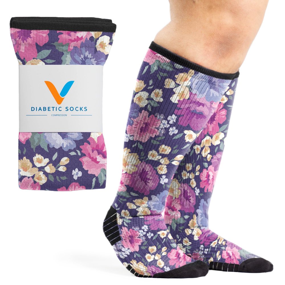 Viasox Compression Socks for Women and Men, Knee High Socks 12-15 mmhg Circulation Support for Flight, Travel, Daily (US, Alpha, Medium, Regular, Regular, Floral)