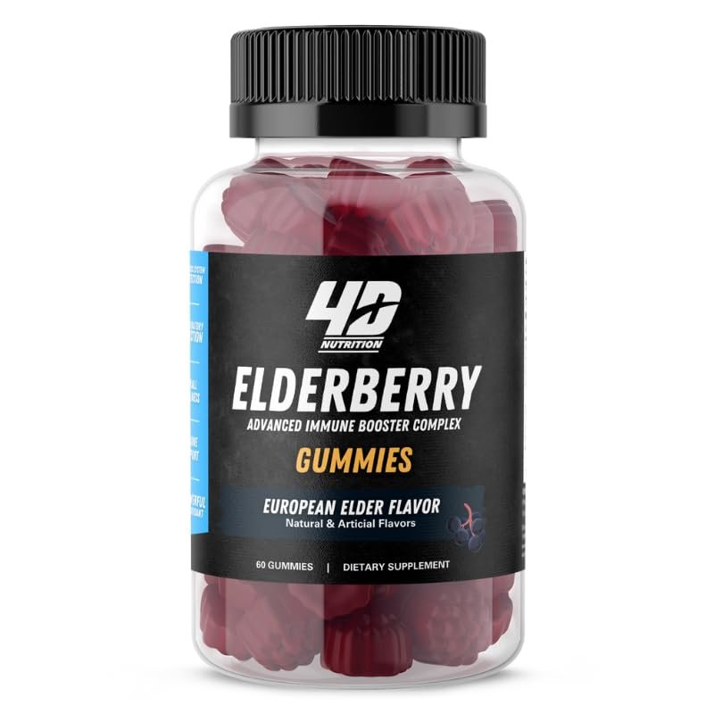 4D NUTRITION Elderberry Gummies, with Vitamin C and Zinc, Immune Booster Complex for Kids and Adults, European Black Elder Flavor, 60 Gummies