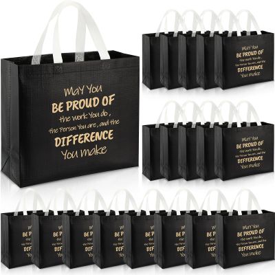 Abbylike 24 Pcs Employee Appreciation Gift Bag Bulk Black Glossy Non Woven Reusable Employee Appreciation Gifts Bags for Coworker Staff Team Boss Teacher Member Group