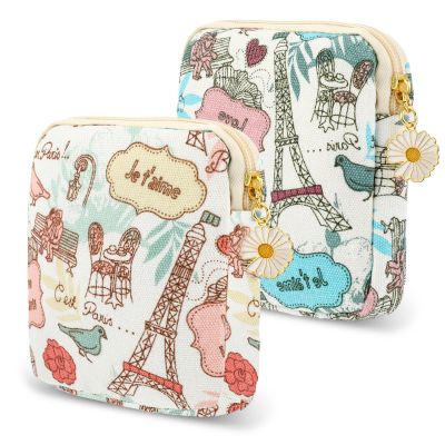 Amabro Sanitary Napkin Storage Bag, 2PCS Period Bags Cute Sanitary Pad Storage Pouch Tampon Pantyliners Menstrual Purse Daisy Zipper for Women Teen Girls School Travel Feminine Product(Tower)