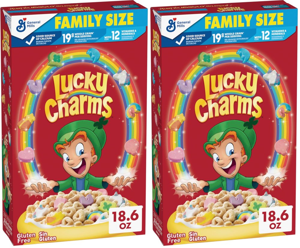 Lucky Charms Cereal with Marshmallows, Gluten Free Cereal Made with Whole Grain, Family Size, 18.6 oz (Pack of 2)