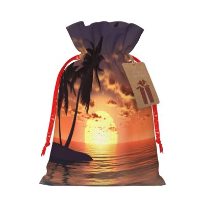 SHIRMDIY Sunset Coconut Palm Tree Pattern Drawstring Gift Bags Wrapping Bags, Beach Ocean Burlap Present Bags For Holiday Party Birthday Medium 8.3"x11.8"