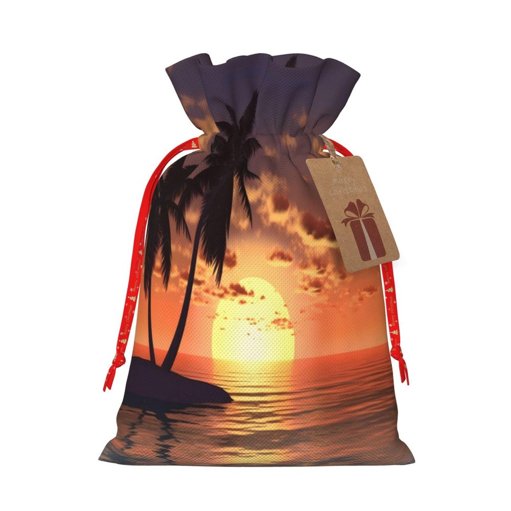 SHIRMDIY Sunset Coconut Palm Tree Pattern Drawstring Gift Bags Wrapping Bags, Beach Ocean Burlap Present Bags For Holiday Party Birthday Medium 8.3"x11.8"