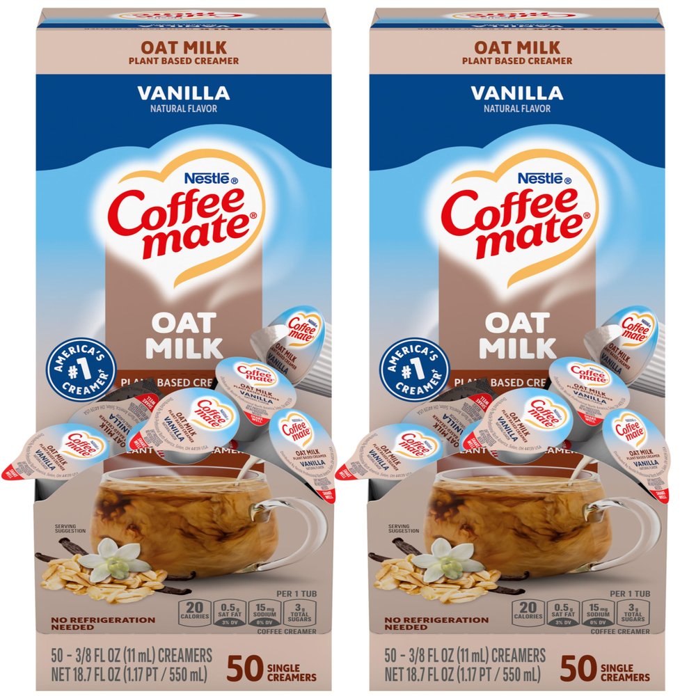 Nestle Coffee mate Plant Based Liquid Coffee Creamer Singles, Vanilla Flavored Oat Milk, 50 Ct Box (Pack of 2)