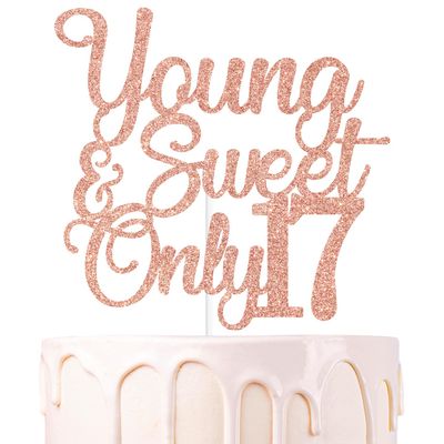 Rose Gold Glitter Young & Sweet Only 17 Cake Topper, Dancing Queen 17/Happy 17th Birthday/Holy Shit You're 17, Funny 17th Birthday Party Decorations