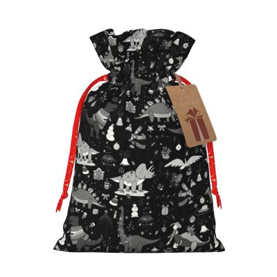 SHIRMDIY Cartoon Dinosaur Pattern Drawstring Gift Bags Wrapping Bags, Winter Black and White Burlap Present Bags For Holiday Party Birthday Small 4.7"x6.9"
