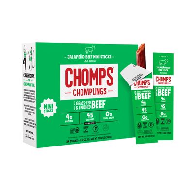 Chomps Snack Size Grass-Fed and Finished Jalapeo Beef Jerky Snack Sticks 0.5oz 24-Pack - Keto, Paleo, Whole30, 4g Lean Meat Protein, Gluten-Free, Zero Sugar Food, Non-GMO Chomplings