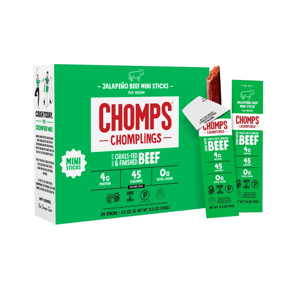 Chomps Snack Size Grass-Fed and Finished Jalapeo Beef Jerky Snack Sticks 0.5oz 24-Pack - Keto, Paleo, Whole30, 4g Lean Meat Protein, Gluten-Free, Zero Sugar Food, Non-GMO Chomplings