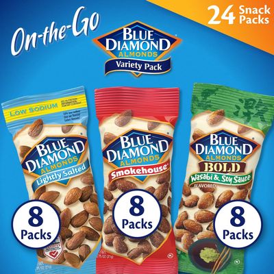Blue Diamond Almonds Snack Nut Variety Pack for Kids, Office, School, On-the-go, 0.75 oz Gluten Free Individual Packs, Wasabi & Soy Sauce, Lightly Salted, and Smokehouse (Pack of 1,24 Count Total)