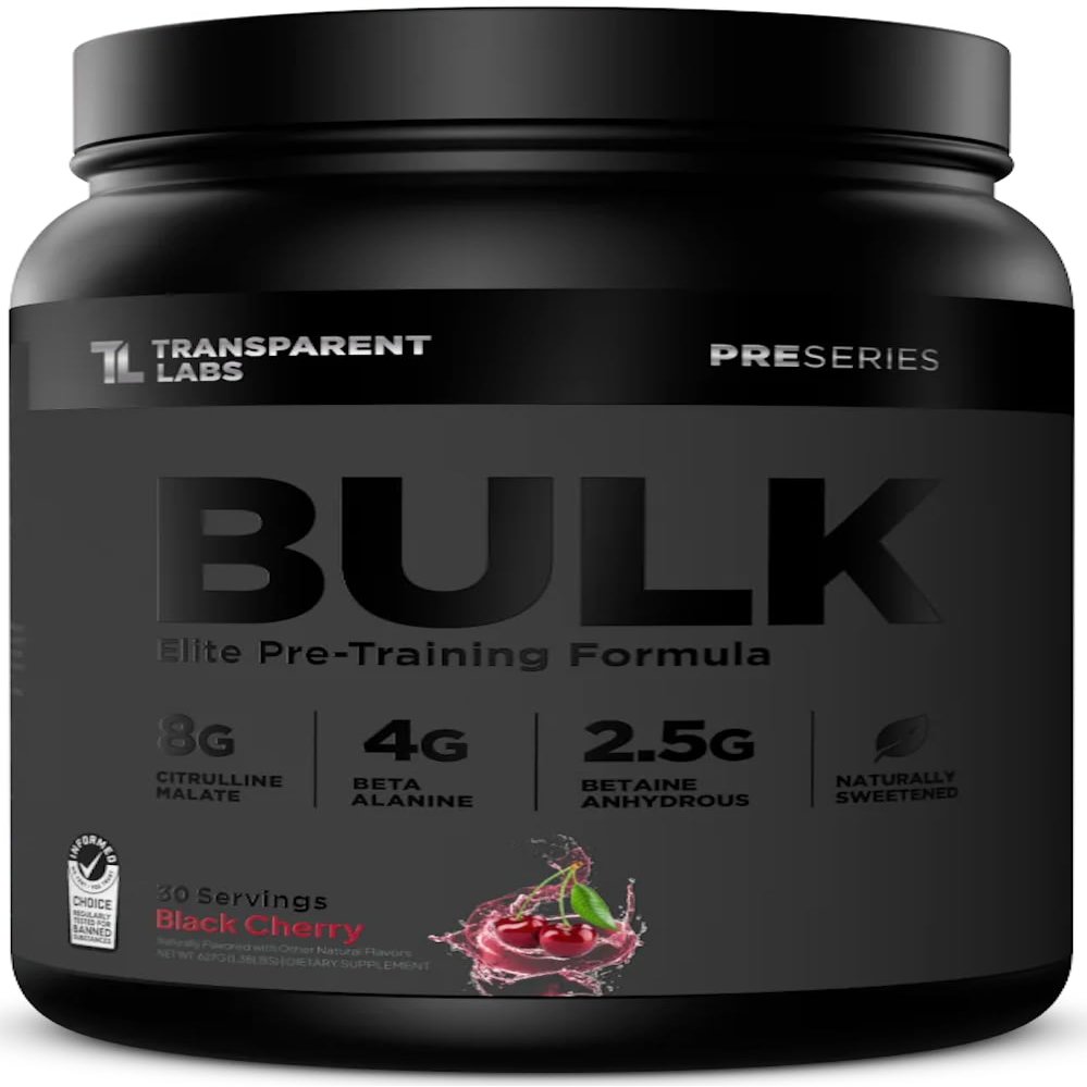 Transparent Labs Bulk Black Pre Workout - Clinically Dosed, Sugar Free Preworkout for Men and Women with Beta Alanine Powder, Citrulline Malate, & Caffeine - 30 Servings, Black Cherry