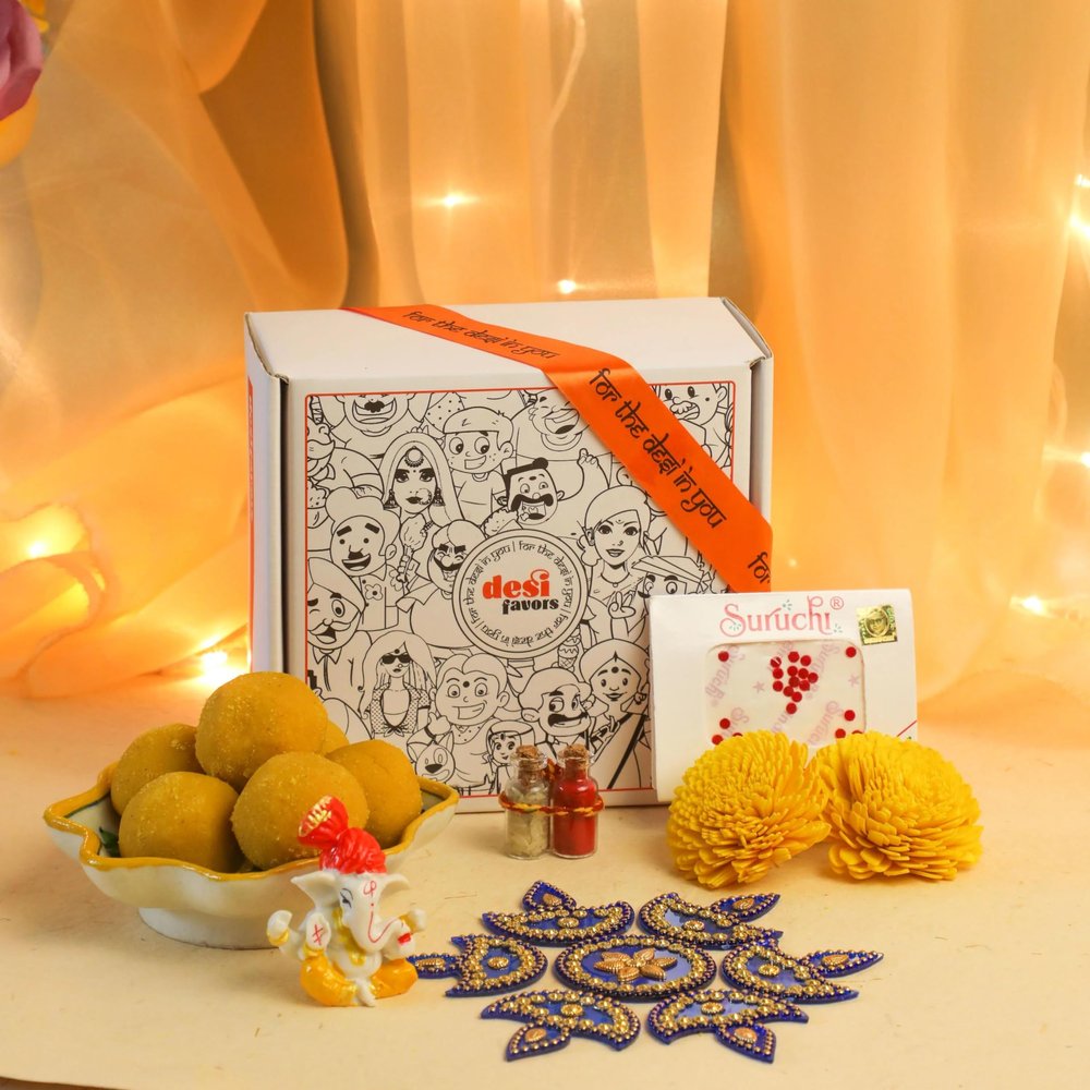 Desi Favors Adorable Hindu Diwali Gift Box - Besan Laddo Diwali Gift Hamper, Diwali Gift Boxes, Diwali sweet Box, Diwali sweets, Diwali Cards, Hindu Diwali Box