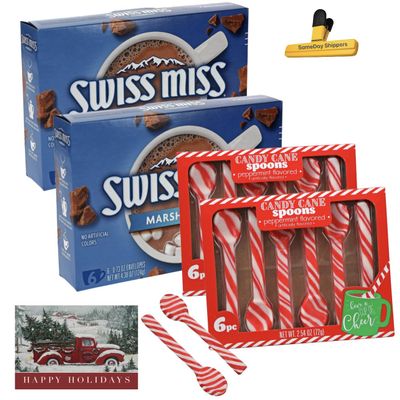 KANDYRIFIK HOT COCOA MIX (SWISS MISS MARSHMALLOW) | Swiss Miss Hot Cocoa Mix with Marshmallow 12 Envelops & 12 Peppermint Candy Cane Spoons Plus Free HAPPY HOLIDAY CARD Card Tag.