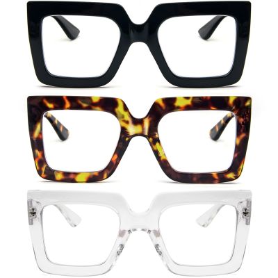 REAVEE 3 Pack Oversized Reading Glasses for Women Large Frame Extra Wide, Blue Light Blocking Readers Stylish Square Thick Eyewear, Black Leopard Clear 1.0