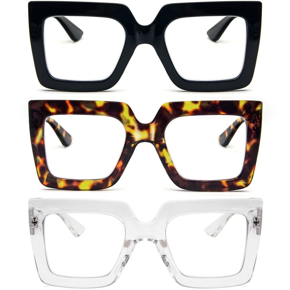 REAVEE 3 Pack Oversized Reading Glasses for Women Large Frame Extra Wide, Blue Light Blocking Readers Stylish Square Thick Eyewear, Black Leopard Clear 1.0