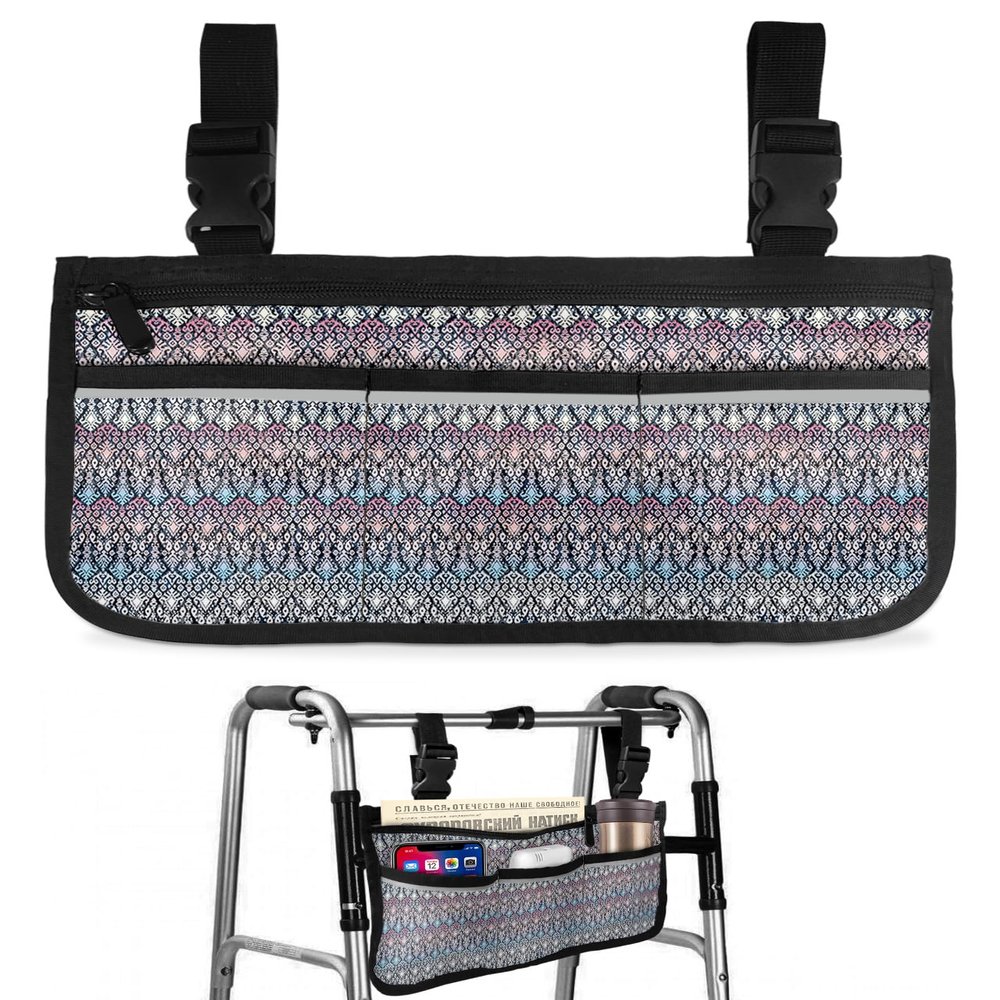 Abstract Multi,Wheelchair Side Bag,Wheelchair Walker Armrest Bags with Cup Holder & Reflective Stripes,Mobility Scooter Walker Rollator Wheelchair Minimalist Geometric Gradient Pink Blue White